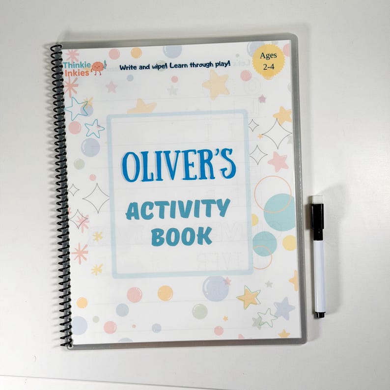 Personalized write-and-wipe activity book with the name Oliver
