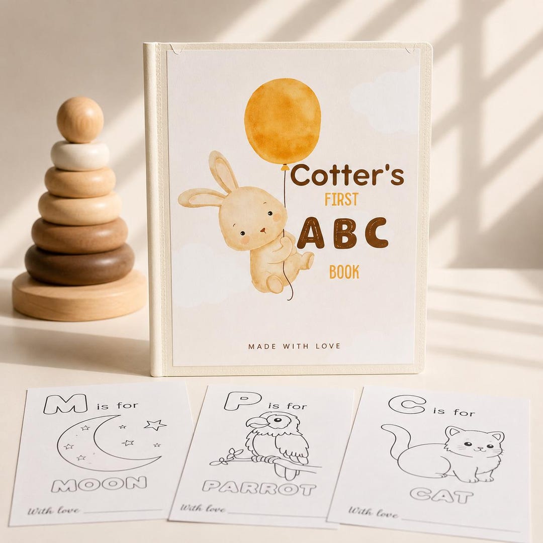 Personalized baby shower ABC guest book with alphabet coloring cards
