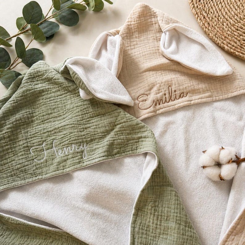 Personalized square hooded baby towel with bunny ears and embroidered name