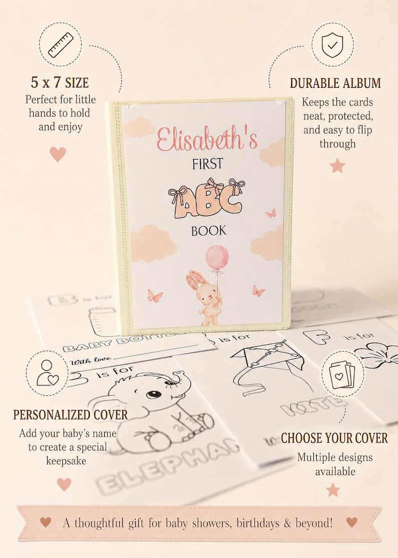 Baby's first ABC book pages prepared as a baby shower guest activity