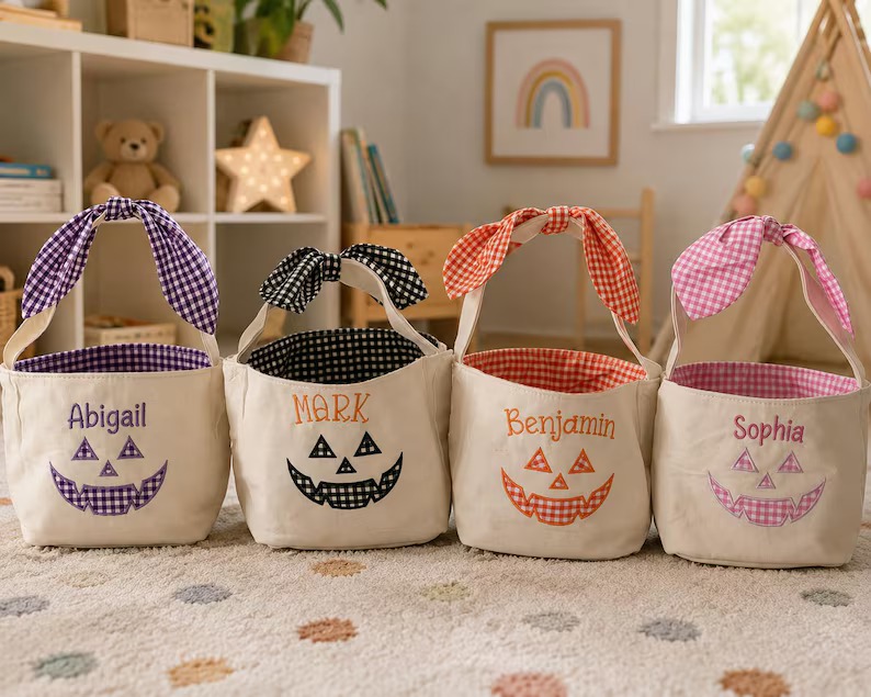 Personalized canvas Halloween baskets with gingham pumpkin faces in four colors