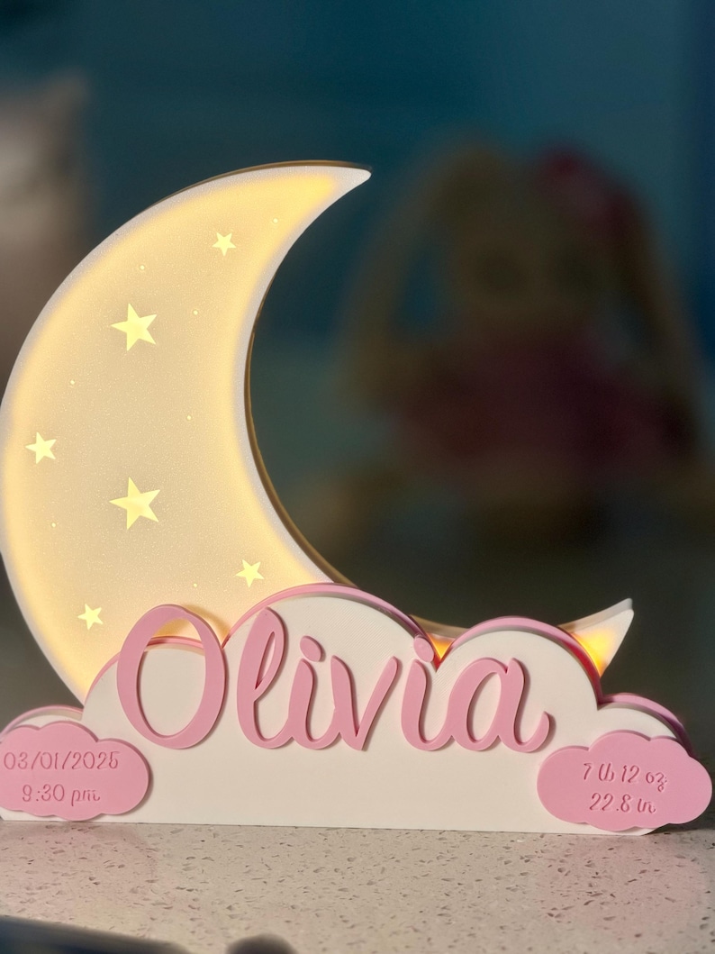 Personalized crescent moon night light with baby name and birth details