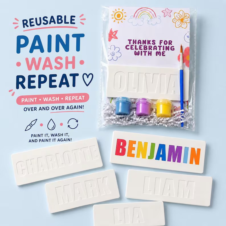 Personalized reusable name painting party favor with an Olivia plaque, three paint pots and a brush
