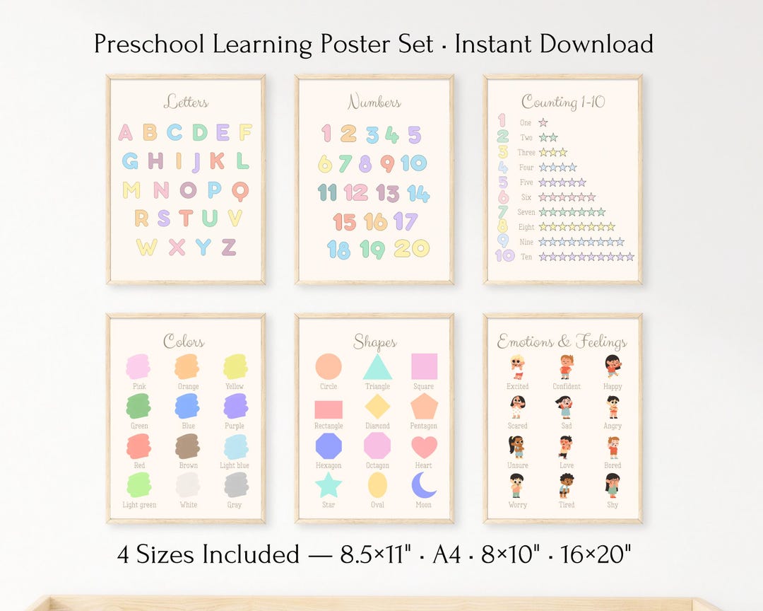 Six pastel preschool learning posters for letters, numbers, and early concepts