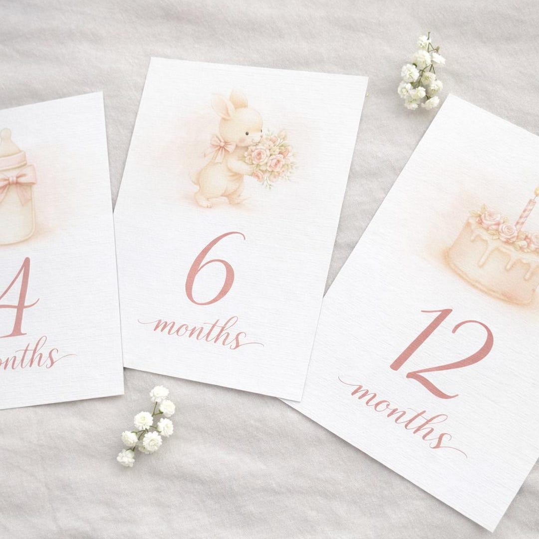 Pink bow baby milestone cards printed on linen-style paper