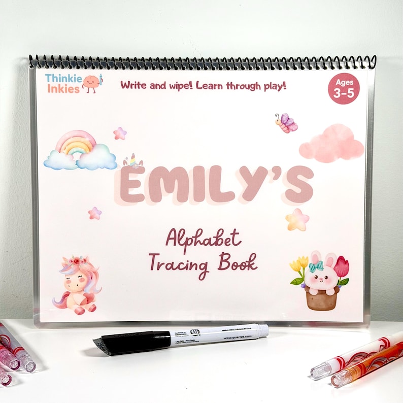Pastel pink personalized alphabet tracing book with write-and-wipe pages