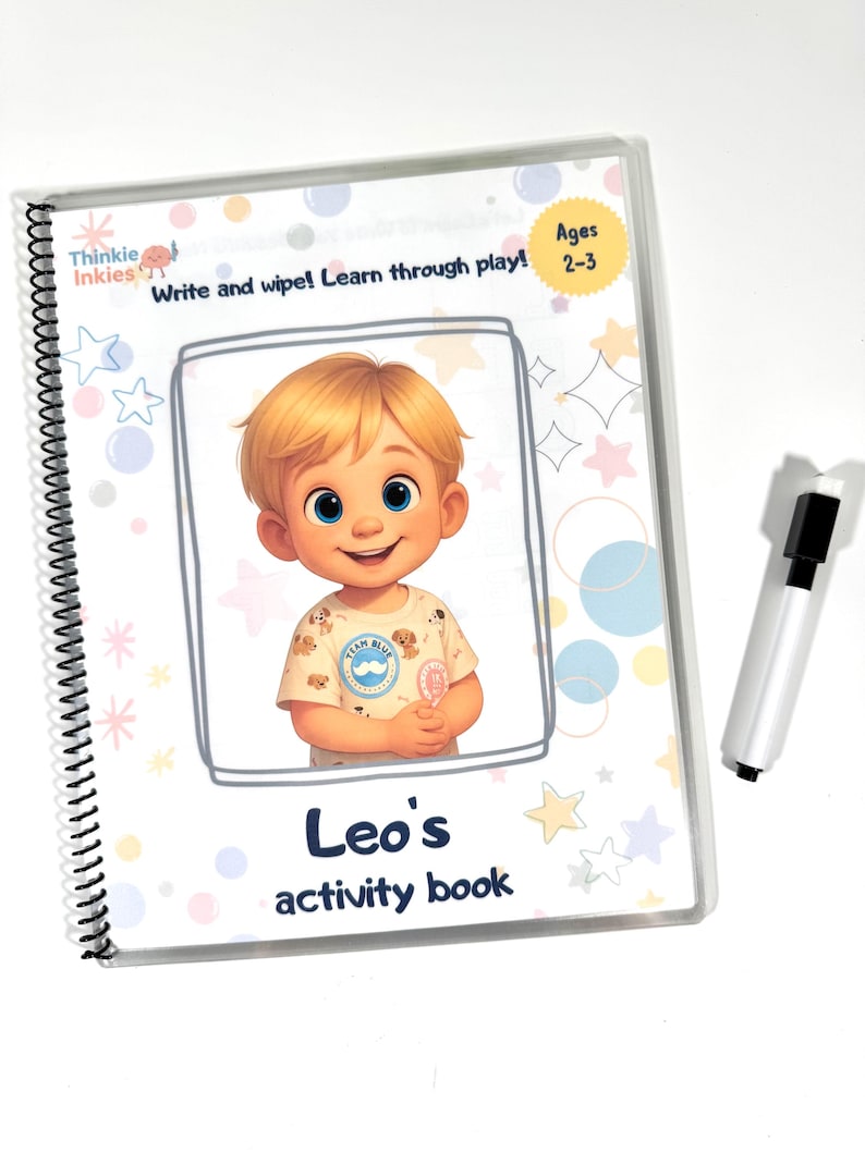 Personalized write-and-wipe toddler activity book with a custom illustrated portrait