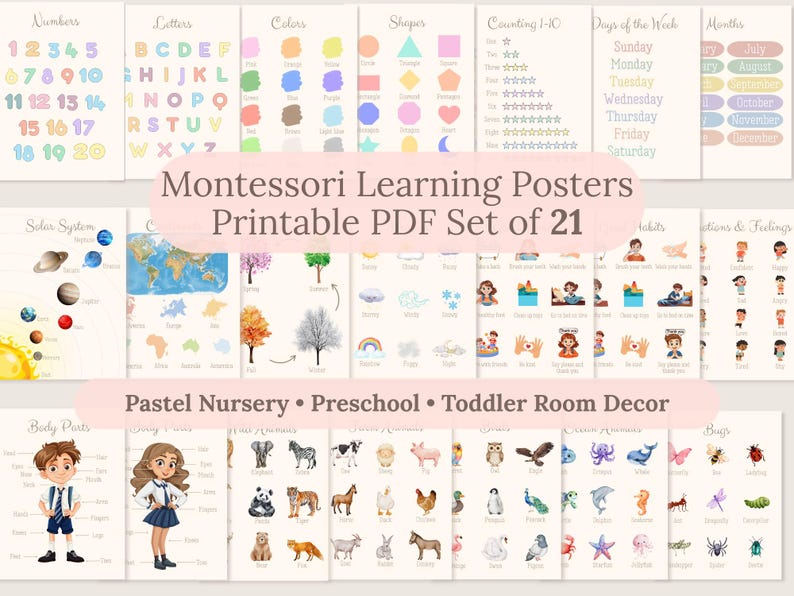 Bundle of 21 pastel printable educational posters for children