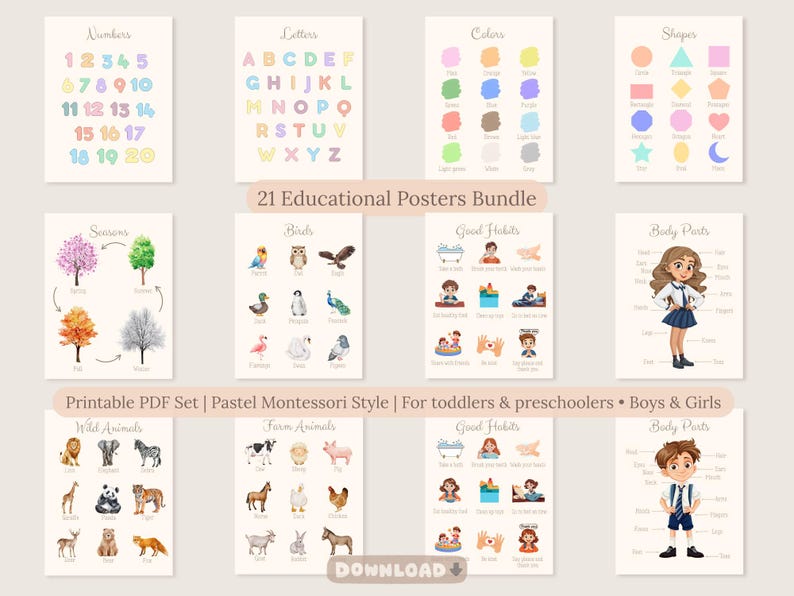 Pastel printable educational posters arranged as a learning wall