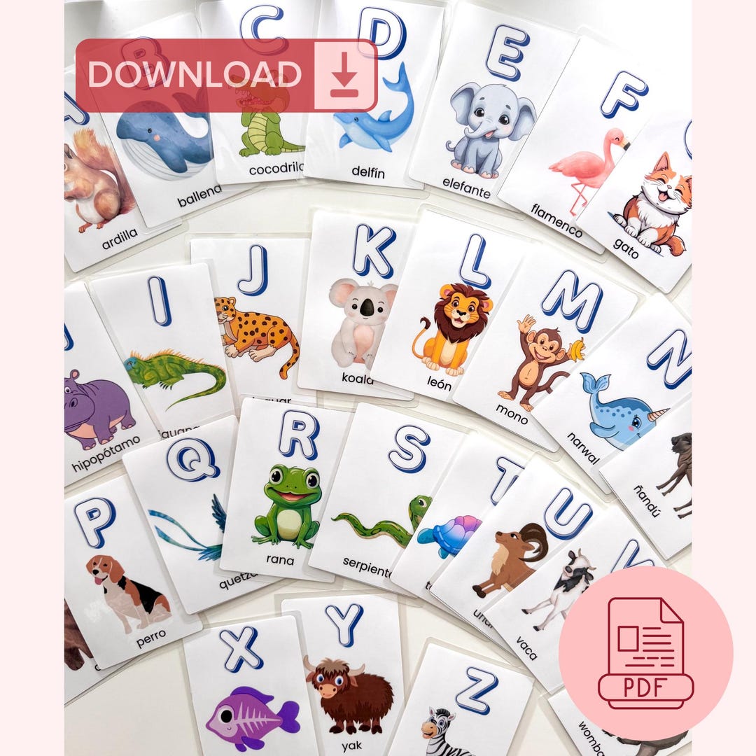 Printable Spanish alphabet flashcards with letters and animal pictures