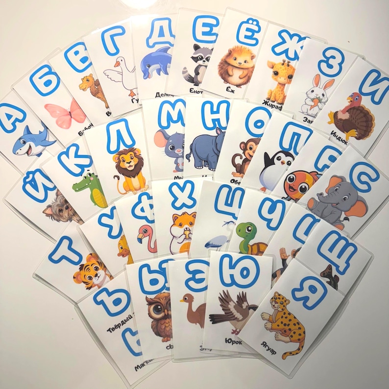 Physical laminated Russian alphabet flashcards with Cyrillic letters and animal pictures