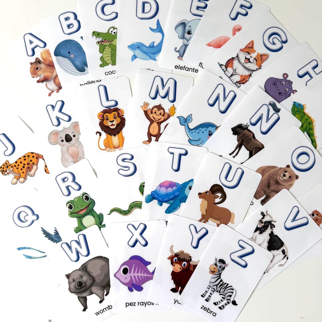 Laminated Spanish alphabet flashcards with letters and animal illustrations
