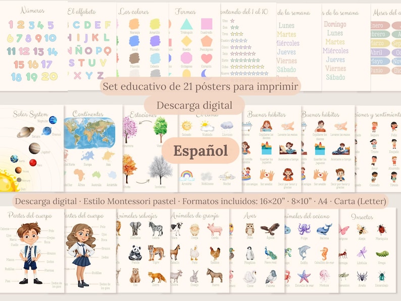 Pastel Spanish educational posters showing early-learning words and pictures