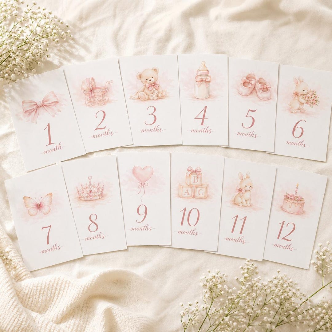 Vintage pink baby milestone cards for monthly first-year photographs